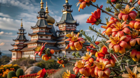 A vibrant display of orange and yellow flowers in the foreground, with a traditional Asian temple in the background.の素材