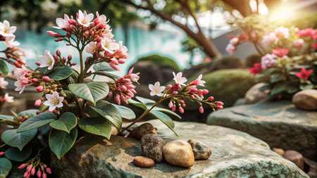 Pink flowers bloom on a rock in a garden with the sun shining.の素材