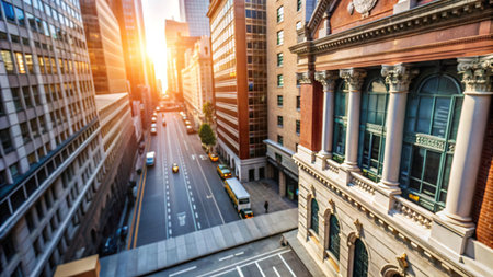 A city street with tall buildings and a bridge over a busy road, with the sun shining through.の素材