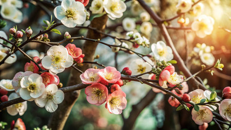 A close-up of a tree branch with delicate white and pink blossoms in full bloom.  The sun shines through the branches, creating a warm glow.の素材