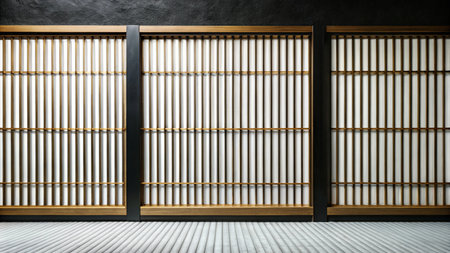 Minimalist interior design with a wooden sliding door.の素材