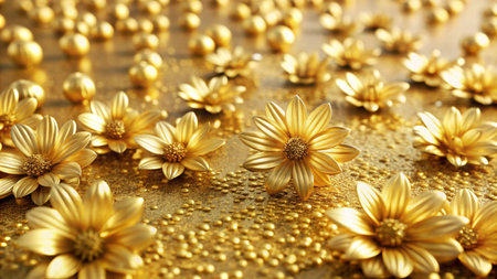 Golden flowers and spheres on a textured gold surface.の素材