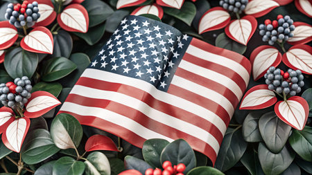 American flag on a bed of vibrant green leaves and red berries.の素材