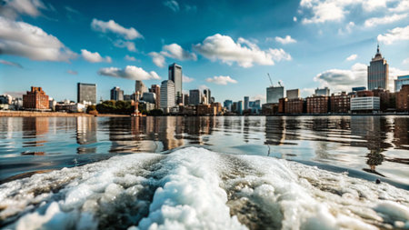 A close-up view of foamy water in the foreground with a modern cityscape reflected in the water.の素材