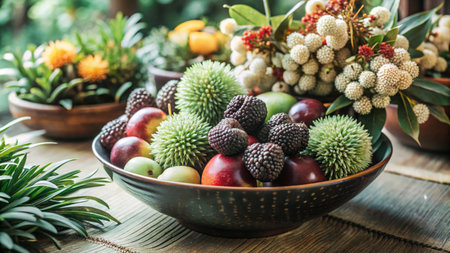 A bowl filled with various fruits, including green and red apples, and dark berries, surrounded by small potted plants on a rustic wooden table.の素材