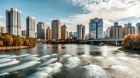 A modern city skyline with a river in the foreground. The water is moving quickly, creating a blurred effect.の素材