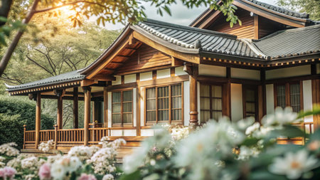 Traditional Japanese house with wooden exterior and a tiled roof surrounded by lush greenery and white flowers.の素材