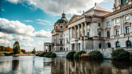 A grand white building with a green dome sits on a pond reflecting the blue sky and white clouds.の素材