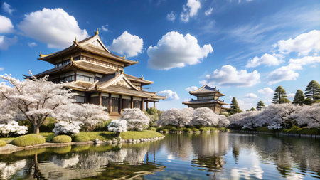 Traditional Japanese architecture with cherry blossoms in full bloom reflected in a tranquil pond.の素材