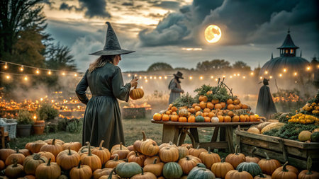 A witch stands in a field of pumpkins under a full moon.の素材