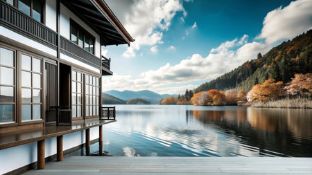 A serene lakefront home with a view of autumn foliage.の素材