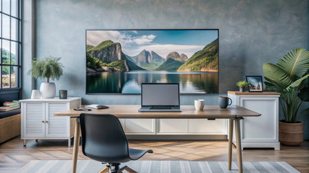 Modern home office with a laptop, tv screen, and a desk in front of a window.の素材