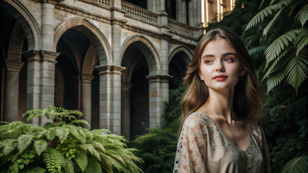 A young woman stands in a courtyard, her eyes looking off to the side, with an old building behind her.の素材