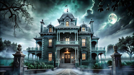 An ominous, old Victorian mansion with a full moon hanging in the cloudy sky.の素材