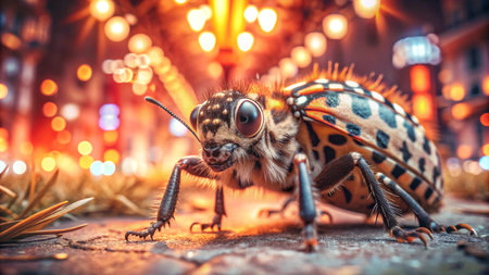 A close-up shot of a beetle with a blurred city lights background.の素材