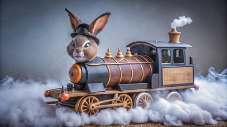 A cute bunny rabbit wearing a hat is driving a steam train on a cloud.の素材