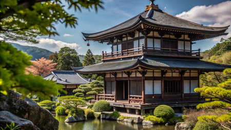Traditional Japanese temple with a pond and garden.の素材