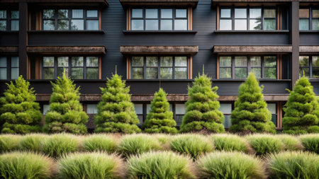 Modern building with green trees and grass in front.の素材