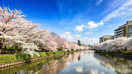 A picturesque view of a canal lined with cherry blossom trees in full bloom under a clear blue sky.の素材