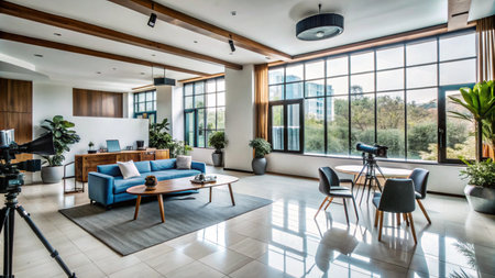 Modern living room with large windows and furniture.の素材
