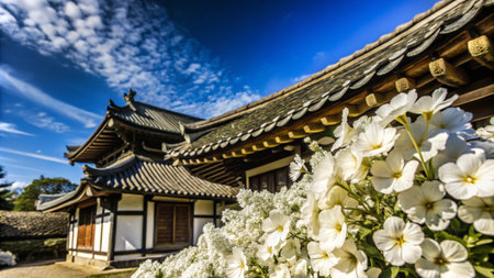 White flowers bloom in front of traditional Japanese architecture under a blue sky with clouds.の素材
