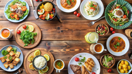 A table full of diverse and colorful meals.の素材