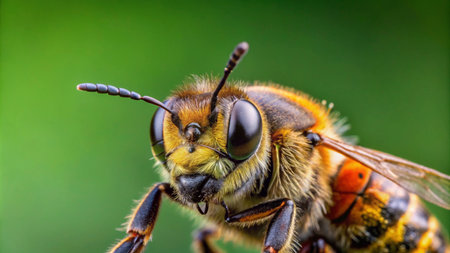 Close-up of a bee with large compound eyes.の素材