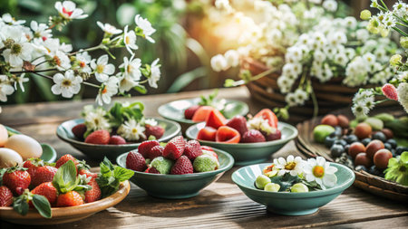 A rustic wooden table is set with a variety of fresh fruits, including strawberries, blueberries, and kiwi, alongside blooming flowers.の素材