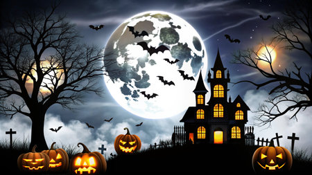 A spooky Halloween scene with a haunted house, pumpkins, bats, and a full moon. (1)の素材