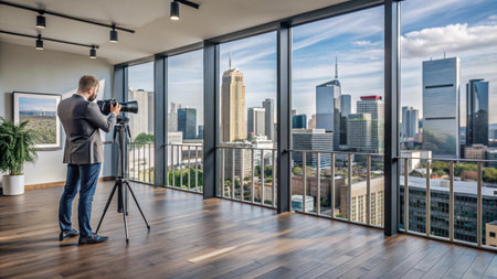 A photographer captures the cityscape from a high-rise office building.の素材