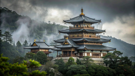 A traditional Japanese pagoda temple with a misty backdrop.の素材
