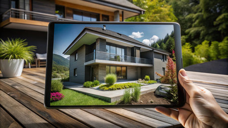Hand holding tablet with picture of a modern house.の素材