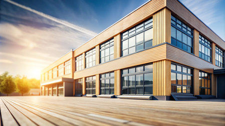 Modern wooden office building with large windows and a wooden deck in front.の素材