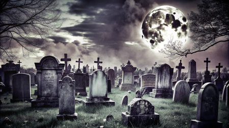 A cemetery at night with a full moon, spooky, and mysterious.の素材