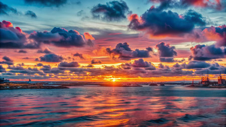 Vibrant sunset over the sea with a cityscape in the distance.の素材