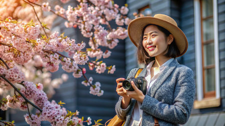 A young woman in a hat and a blue jacket stands under a cherry blossom tree, holding a camera.の素材