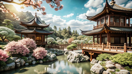 Serene Chinese garden with pagodas, cherry blossoms, and a winding stream.の素材