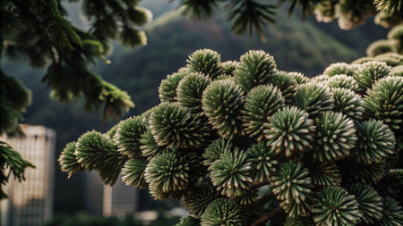 Close-up of a pine tree with a blurred city skyline in the background.の素材