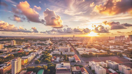 A vibrant sunset over a sprawling city skyline, casting a golden glow on the buildings and streets below.の素材