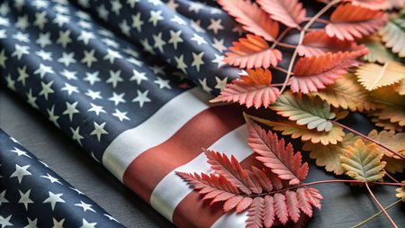 A close-up of an American flag with autumn leaves draped over it, symbolizing patriotism and the changing seasons.の素材
