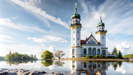 A picturesque church with twin towers stands on a small island in a tranquil lake, reflected in the calm water. The sky is a canvas of blue and white clouds.の素材