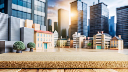 Wooden table top with miniature city skyline in the background.の素材