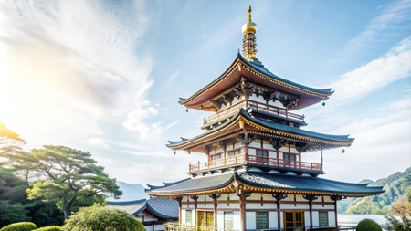 Traditional Japanese pagoda with a golden spire against a blue sky with white clouds.の素材