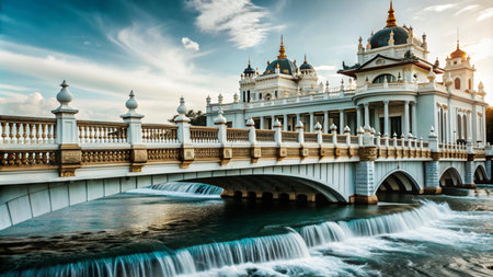 A white bridge with arches over a cascading waterfall leading to a grand white building with multiple domes.の素材