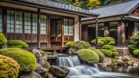 Traditional Japanese house with a serene garden and a small waterfall.の素材