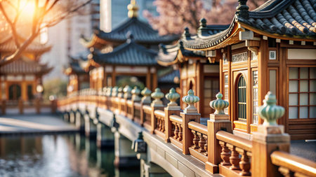 A wooden bridge leading to traditional Chinese pagodas with a pond in the foreground and sun shining through the trees in the background.の素材
