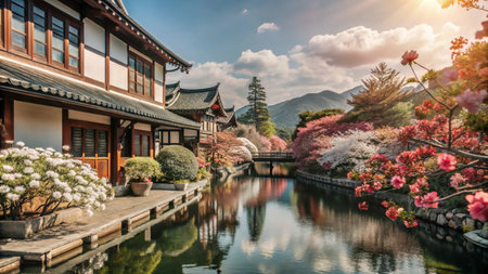 Traditional Chinese architecture with a peaceful canal, blooming cherry blossoms, and mountains in the background.の素材