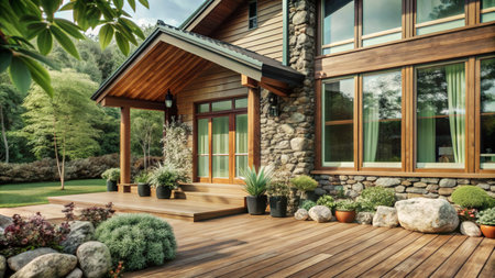 Modern wooden house with a large deck and stone accents, surrounded by lush greenery.の素材