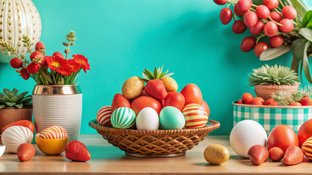 Colorful Easter eggs in a basket with red flowers and strawberries.の素材