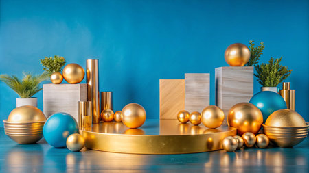 Abstract gold and blue podium with geometric shapes and plants on a blue background.の素材